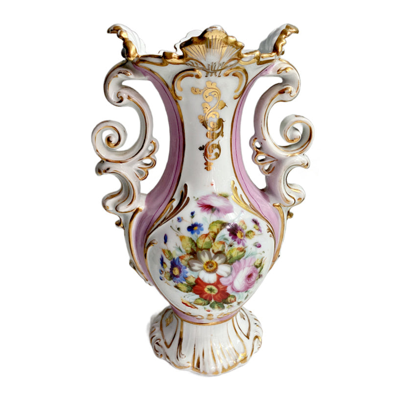 Antique Vieux Paris porcelain vase with hand-painted pink roses, 19th century French decorative vase standing 10¾ inches tall.