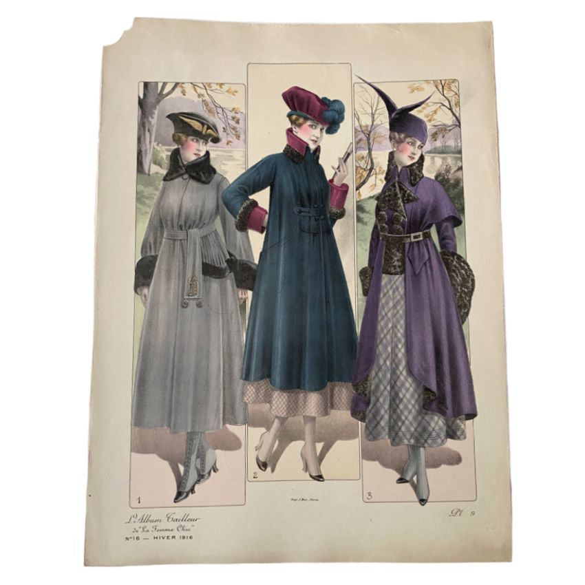 Printed in Paris, this showcases chic Parisiennes in sumptuous fall/winter ensembles, in tones of grey blue green and purple, emblematic of the refined couture aesthetic of the period.&Hats and fur pictured
