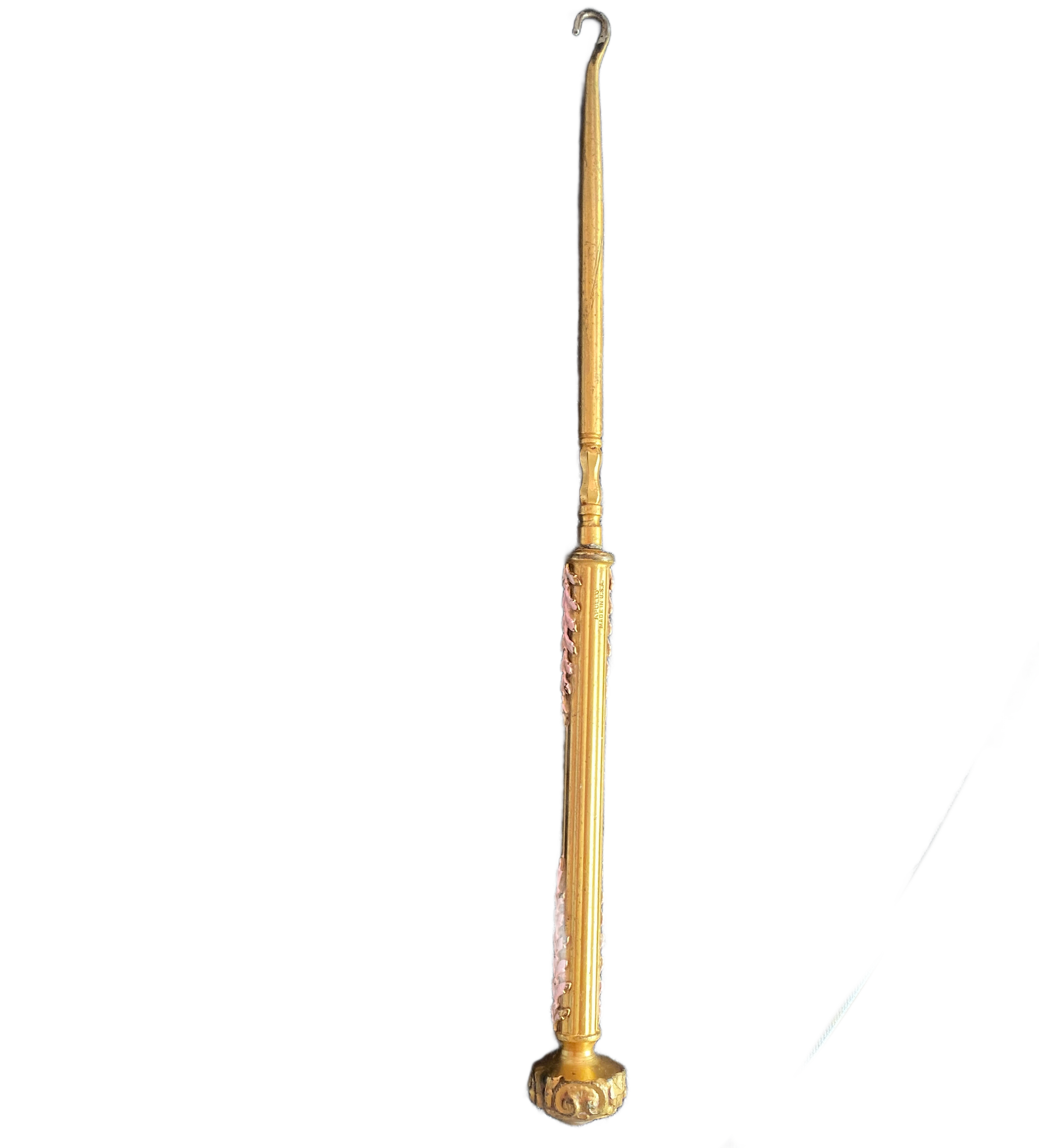 Elegant antique button hook by Apollo Studios showing gold-plated finish and enamel detail