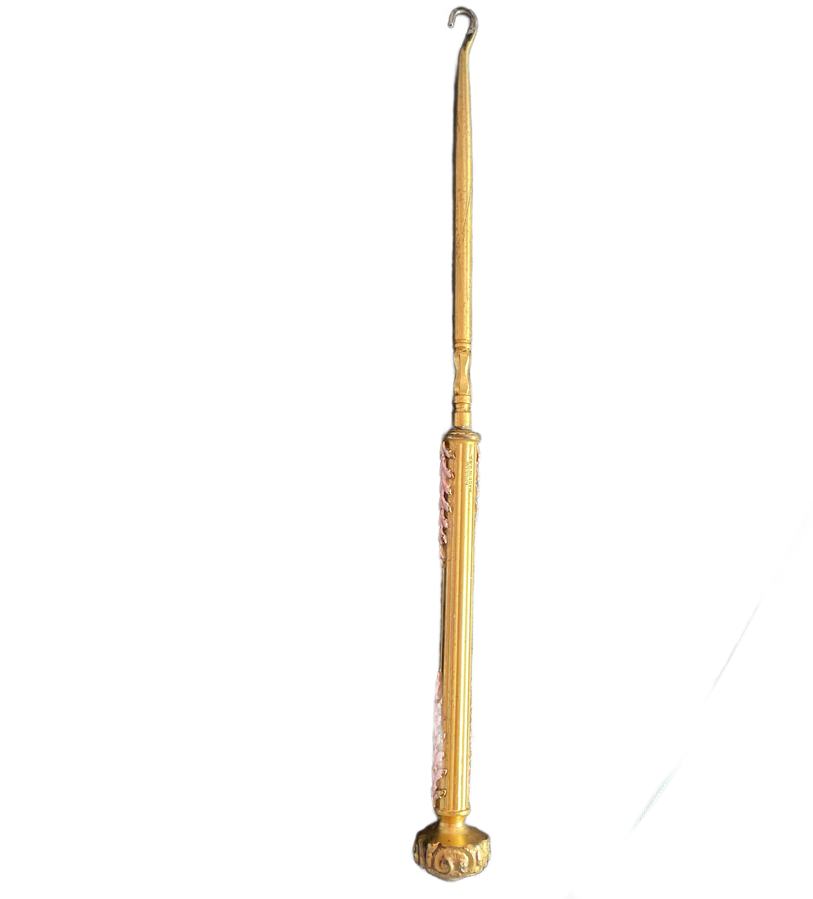 Front view of Antique Apollo Studios gold-plated button hook with delicate pink enamel, early 20th century collectible