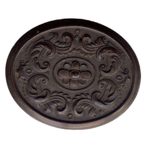 Antique oval union case by A. B. Chapman featuring floral rosette and ornate scrollwork. Authentic Victorian thermoplastic photographic case, mid-1800s.