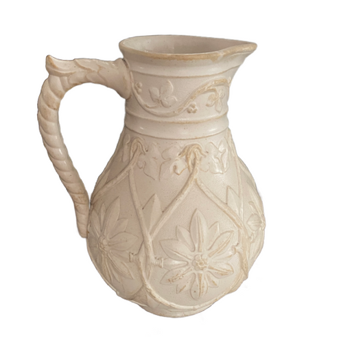 Antique English Gothic Revival relief molded stoneware pitcher off white matte