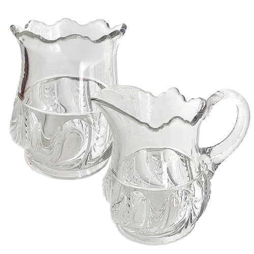 York Herringbone EAPG sugar & creamer set, tall 5" applied-handle creamer, large lidless sugar, 19th-century American pressed glass collectible.