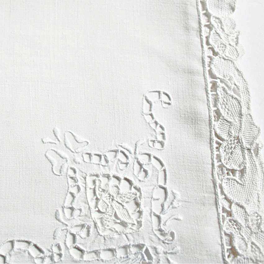 Antique White Linen and Point de Venise Lace Napkins Set of 8