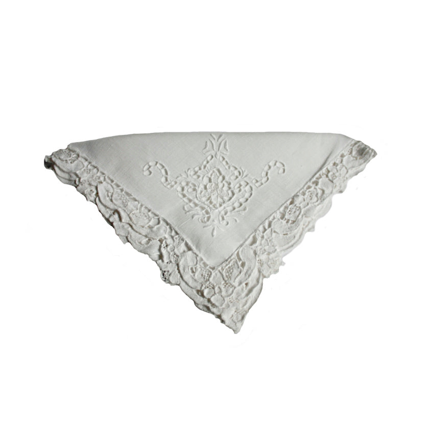 Antique White Linen and Point de Venise Lace Napkins Set of 8