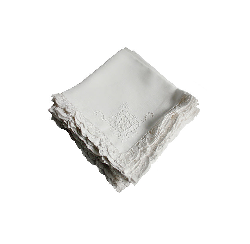 Antique White Linen and Point de Venise Lace Napkins Set of 8