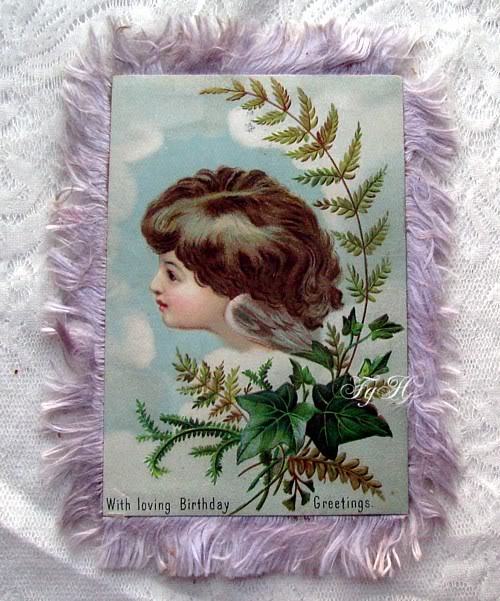 Antique Double Image Victorian Silk Fringe Birthday Card Angels