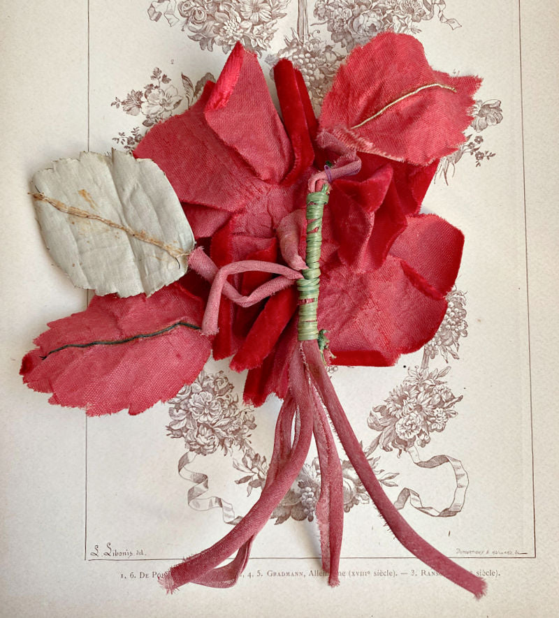 Antique Millinery Red Silk Velvet Rose — Couture Velvet Flower Ornament