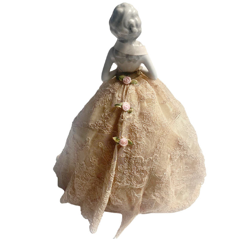 Antique half doll boudoir lamp with French lace skirt showing back detail.