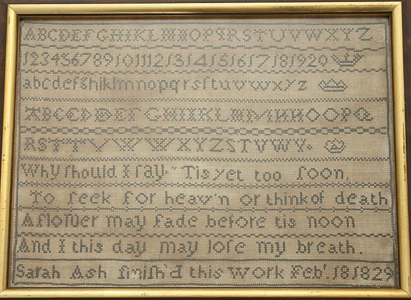 Antique English Textile Sampler Signed Sarah Ash Dated 1829