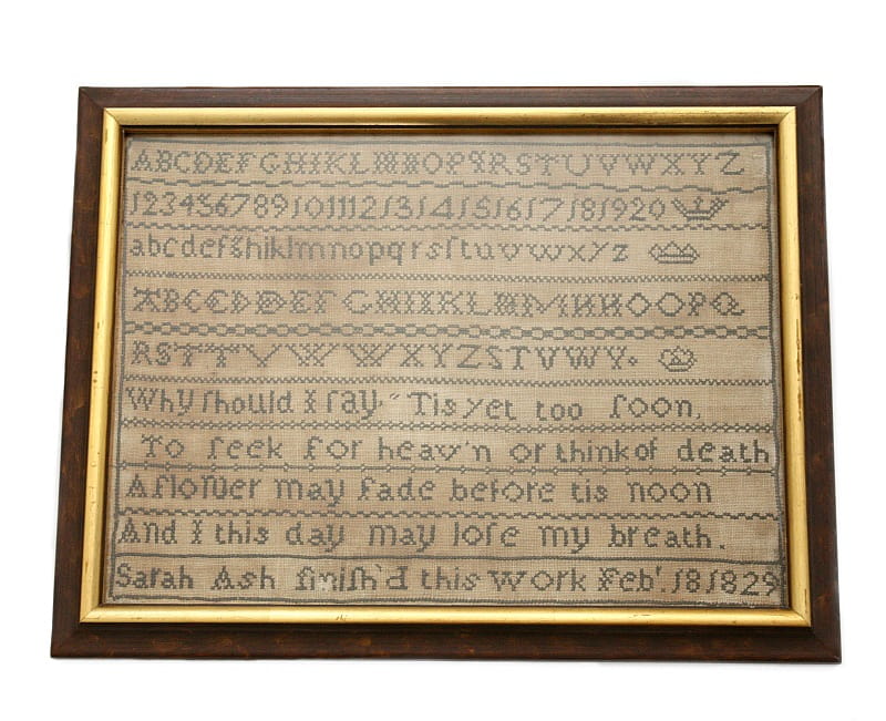 Antique 1829 English sampler in original frame, hand-stitched with alphabet, numbers, and hymn by Sarah Ash. Ready-to-display historic embroidery.