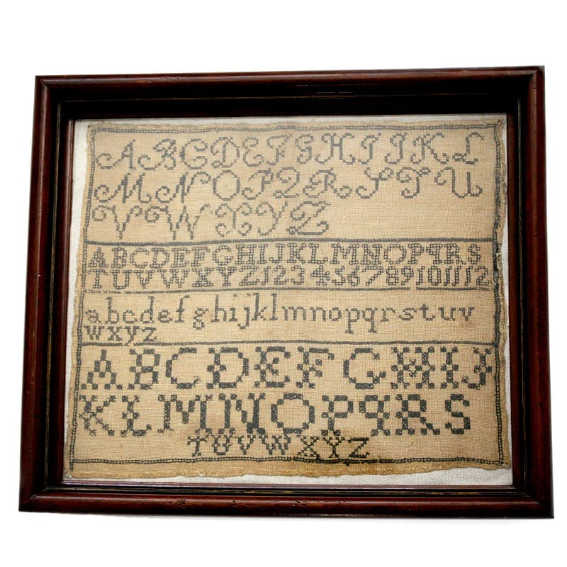 Delicate 19th century hand-stitched ABC sampler. Charming antique embroidery with historic character, perfect for collectors - textile collections.