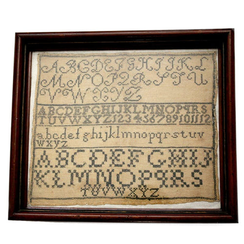 Delicate 19th century hand-stitched ABC sampler. Charming antique embroidery with historic character, perfect for collectors - textile collections.