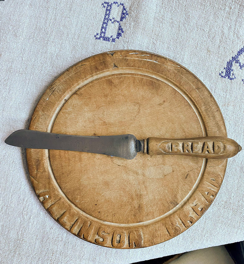 19th Century English Hand Carved Advertising Round Bread Board & Knife