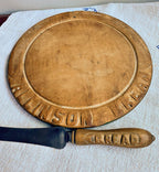 19th Century English Hand Carved Advertising Round Bread Board & Knife