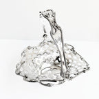 Close view Meriden silver plate basket lattice detail and curved organic handle