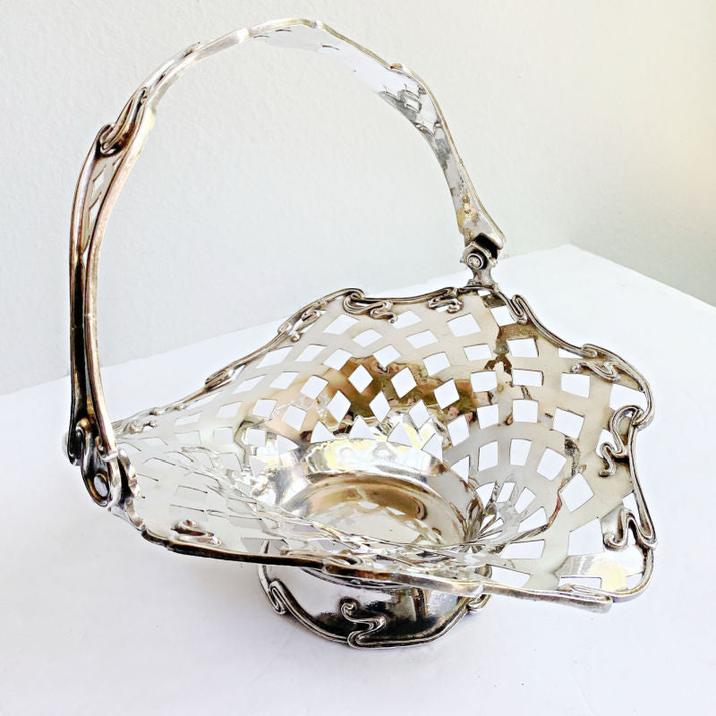 Antique Silver Plated Art Nouveau Serving Basket with Swing Handle