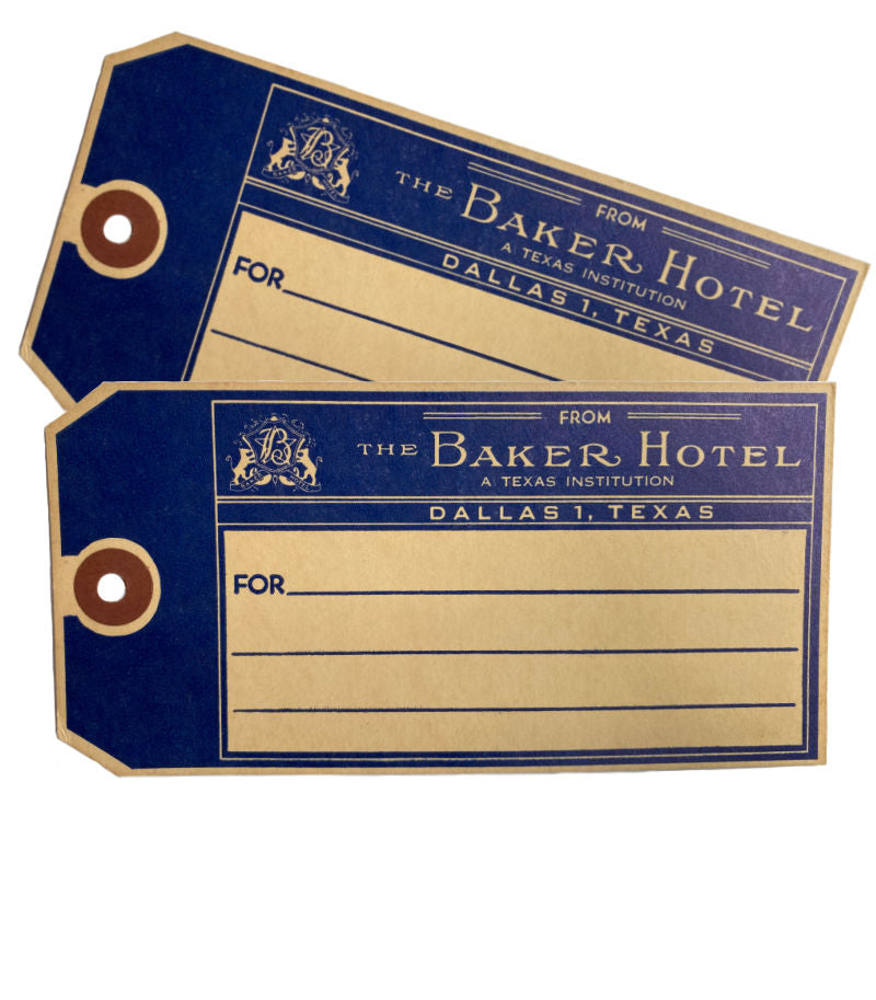 Vintage Art Deco Dallas, Texas Baker Hotel Luggage Label