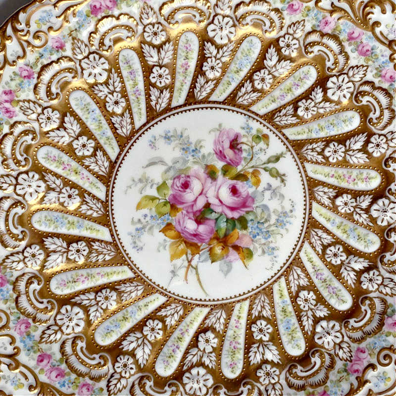 Rarest 19th Century Hand Painted Roses Gold Encrusted Copeland Dessert Plates Set of 12