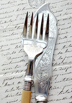 Antique Estate English Silver Engraved Fish Serving Set with Ivy