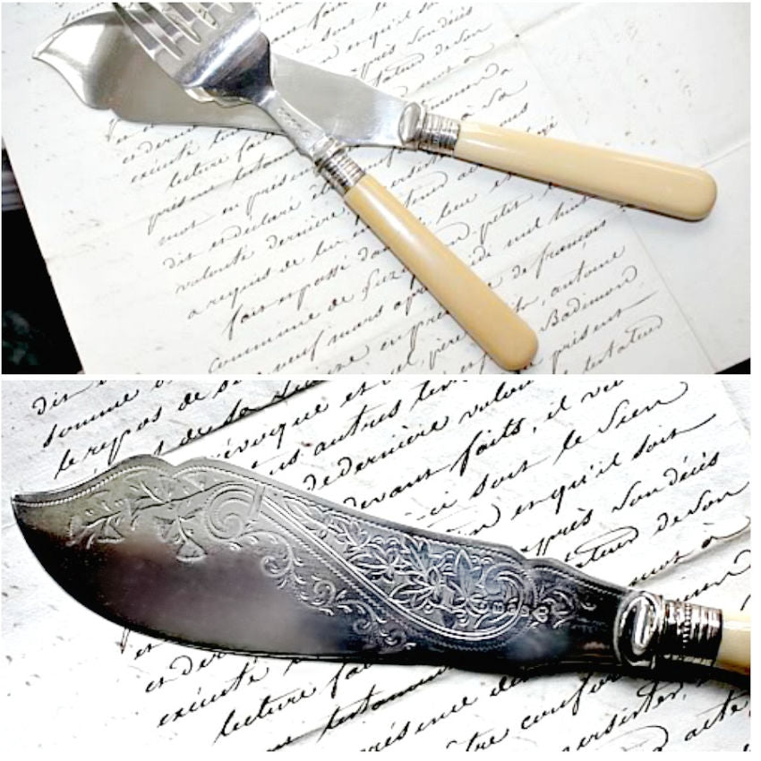 Antique Estate English Silver Engraved Fish Serving Set with Ivy