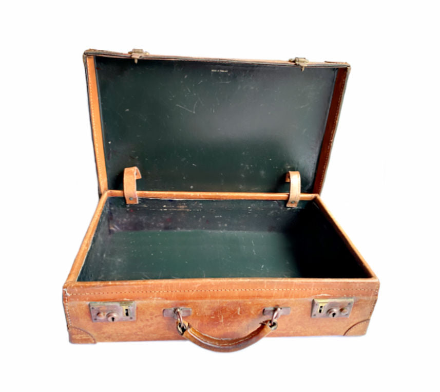 antique leather suitcase, ralph lauren decor, english travel case, vintage luggage, gentleman suitcase, luxury home decor, heritage style, brass label suitcase, equestrian decor, collectible travel decor