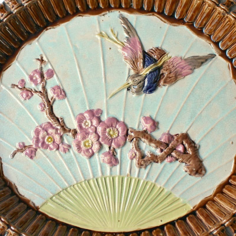 Antique Aesthetic Majolica Platter Bread Plate with Crane