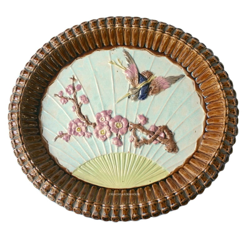 Antique Aesthetic Majolica Platter Bread Plate with Crane