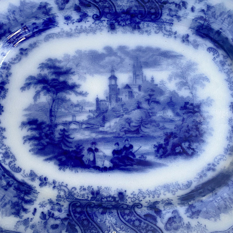 Burgess & Leigh large Flow Blue platter, English transferware with picturesque country scene, collectible ceramic.