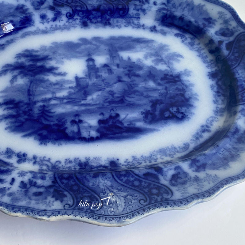Rare English transferware platter, scenic castles and countryside, early 1900s Flow Blue antique.