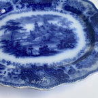 Rare English transferware platter, scenic castles and countryside, early 1900s Flow Blue antique.