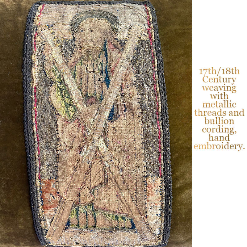 Antique silk velvet pillow with a bullion tapestry fragment and heavy gold bullion trim, featuring a brown velvet background and gold tassels.