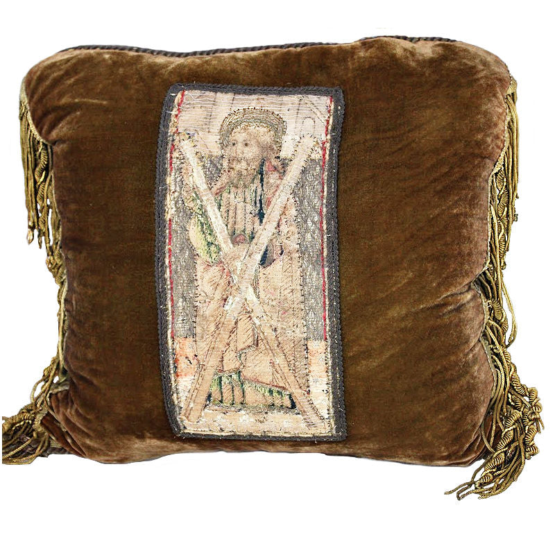 Antique silk velvet pillow with a bullion tapestry fragment and heavy gold bullion trim, featuring a brown velvet background and gold tassels.