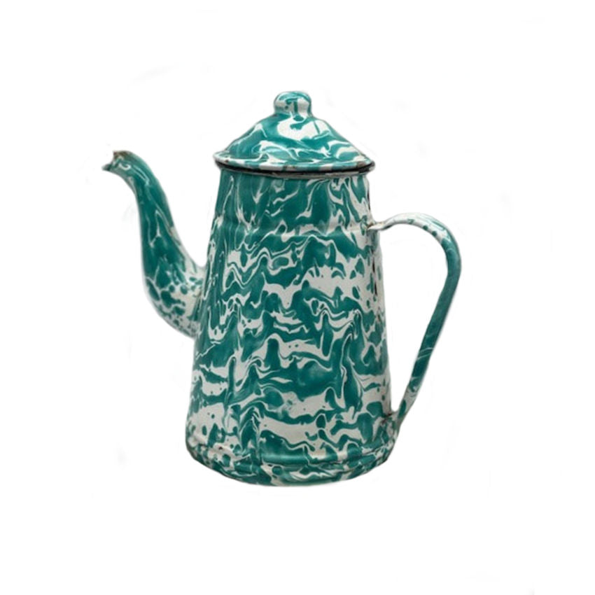 Rare antique French enameled coffee pot green aqua swirl