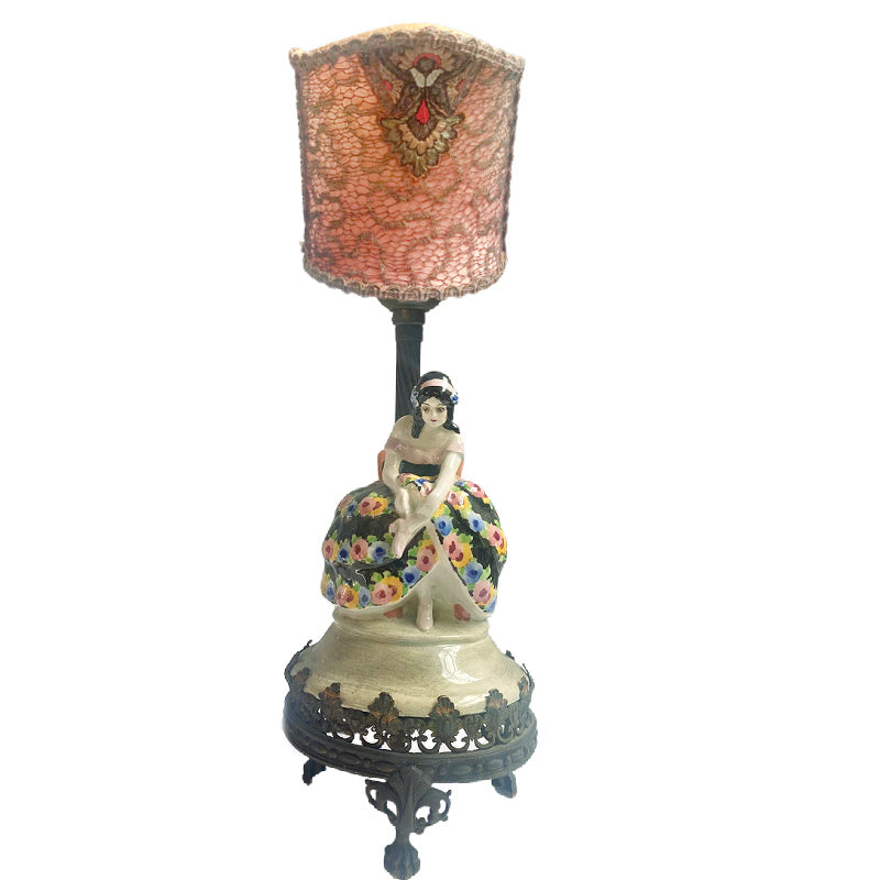 Art Deco Signed Porcelain Figural Lamp with Pink Gold Metallic Lace Shade