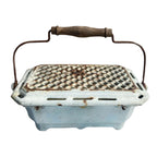 A rare 19th-century French enamelware warmer in faded robin’s egg blue. Cast iron, romantic and functional, perfect as a foot warmer, table dish warmer, or decorative accent.