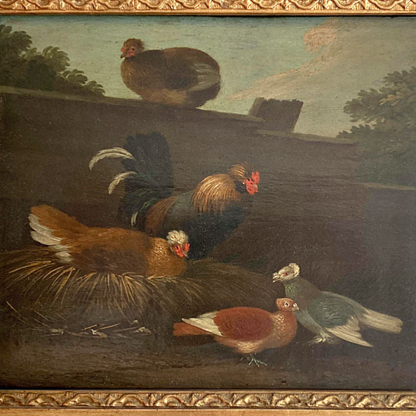19th century French paintings, antique farmhouse art, French country décor, chicken painting, turkey painting, gilt frame, rustic French wall décor, country kitchen art, pastoral art, European antiques, farmhouse style, French provincial, gilt wood frames, rural life art, FrenchGardenHouse antiques