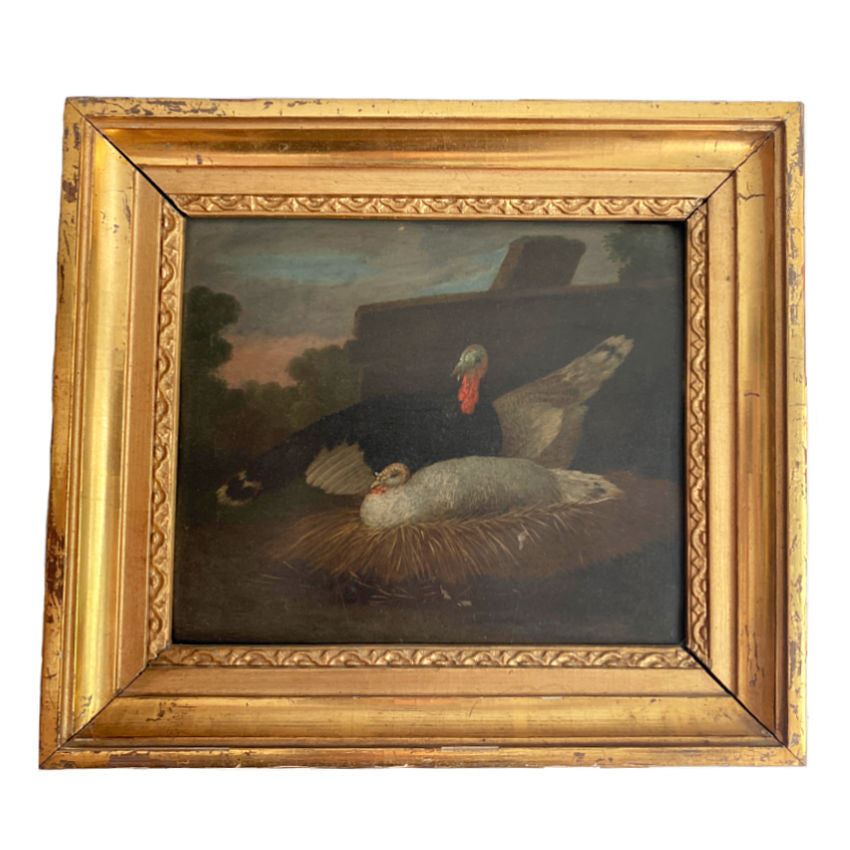 19th century French paintings, antique farmhouse art, French country décor, chicken painting, turkey painting, gilt frame, rustic French wall décor, country kitchen art, pastoral art, European antiques, farmhouse style, French provincial, gilt wood frames, rural life art, FrenchGardenHouse antiques