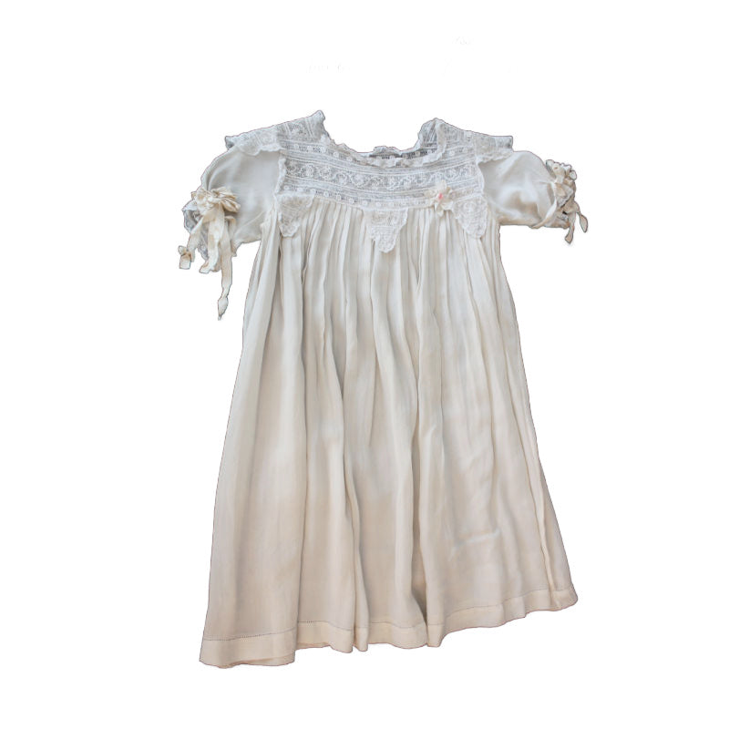 Antique French Dove Cream Silk Crepe and Lace Little Girl&#39;s Dress