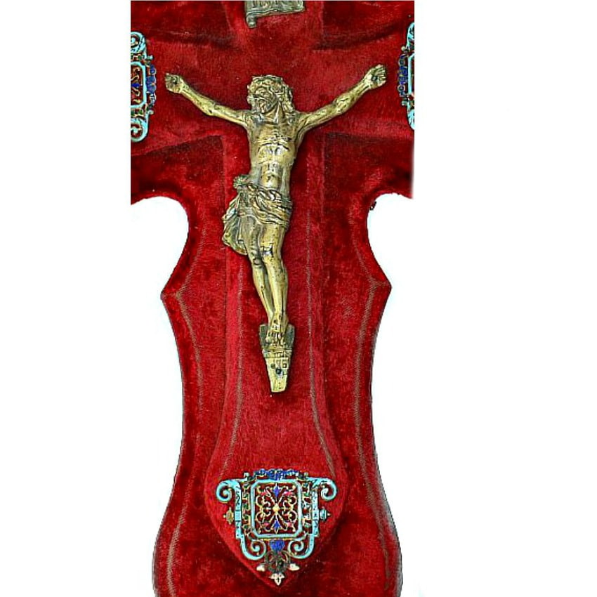 19th century French cloisonné enamel bénitier with velvet-backed corpus, and gilt details. Rare devotional treasure.