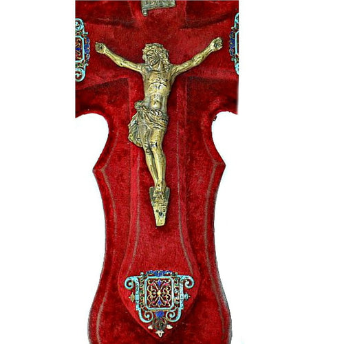 19th century French cloisonné enamel bénitier with velvet-backed corpus, and gilt details. Rare devotional treasure.