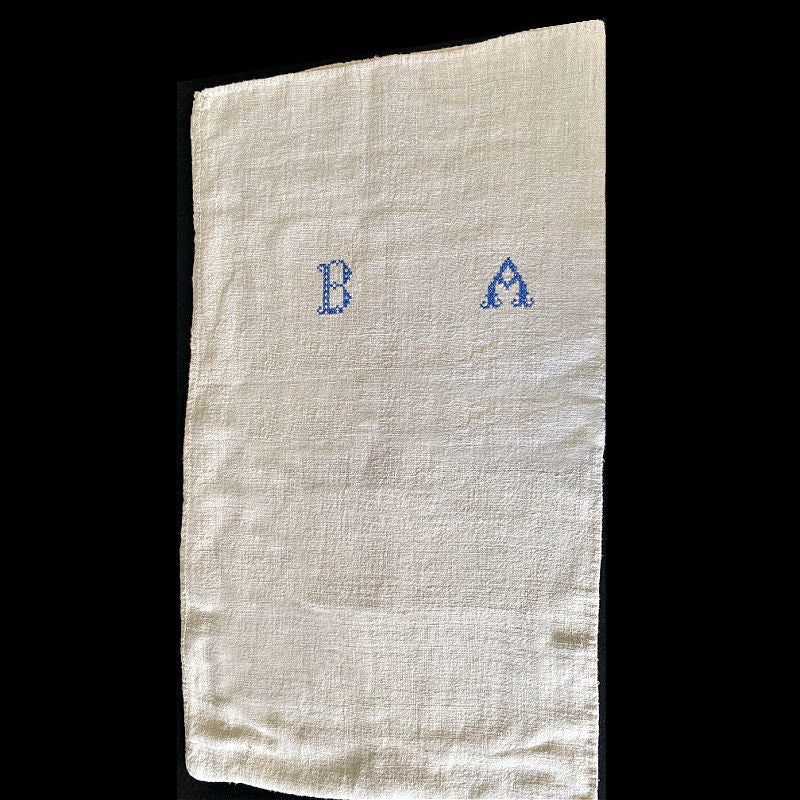 Antique French Hand Woven Linen Grain Sack Blue Monogram B A