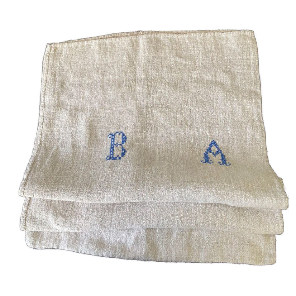 Antique French Country grain sack with blue monogram