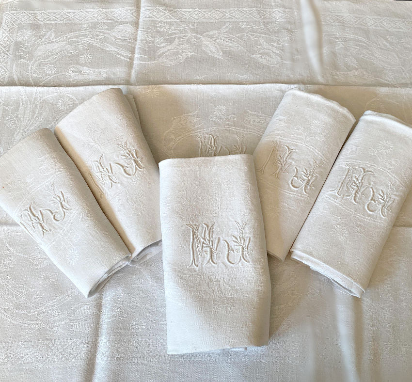 Antique French Linen Damask Napkins Monogrammed Set for 6