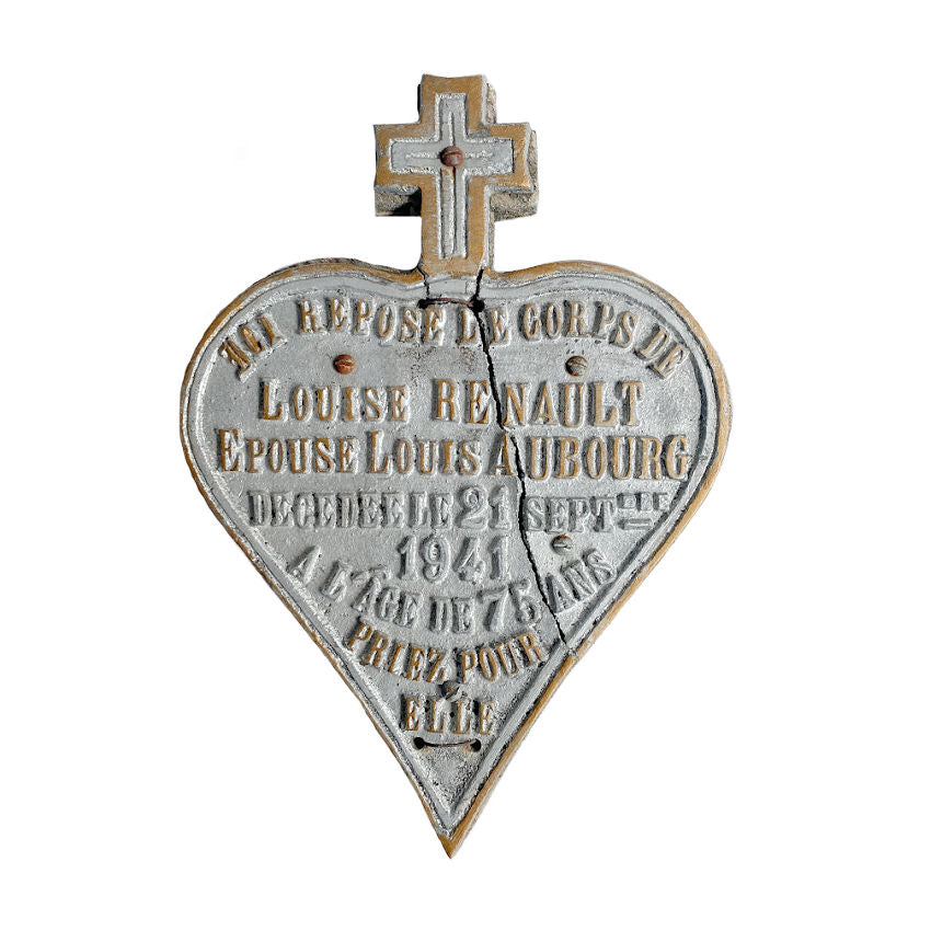 Antique French Sacred Heart memorial plaque in cast metal with original gilded lettering