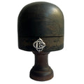 French 19th century wooden millinery hat block with sterling silver monogram. Rare shop display piece with rich patina and sculptural form.
