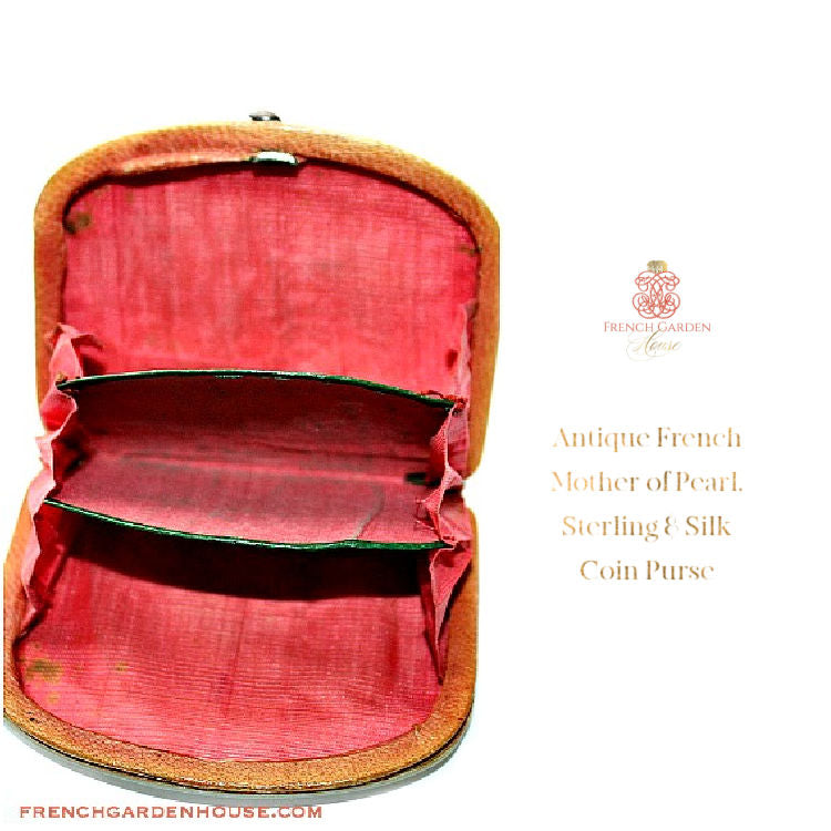 Rare Antique French mother-of-pearl coin purse with sterling silver and original red silk lining. Exquisite Napoleon III era personal accessory.