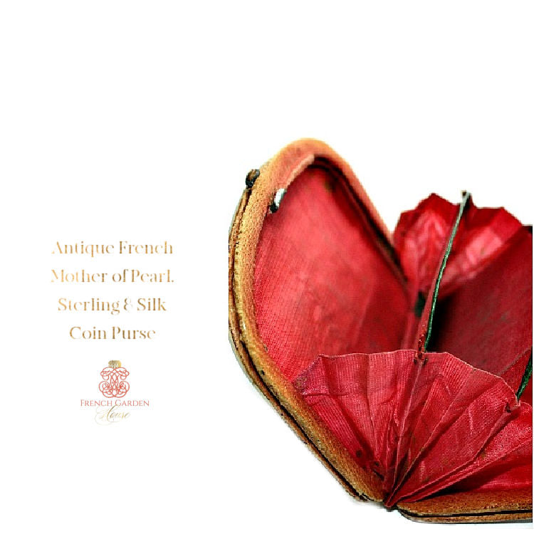 Rare Antique French mother-of-pearl coin purse with sterling silver and original red silk lining. Exquisite Napoleon III era personal accessory.