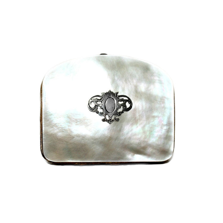 Rare Antique French mother-of-pearl coin purse with sterling silver and original red silk lining. Exquisite Napoleon III era personal accessory.