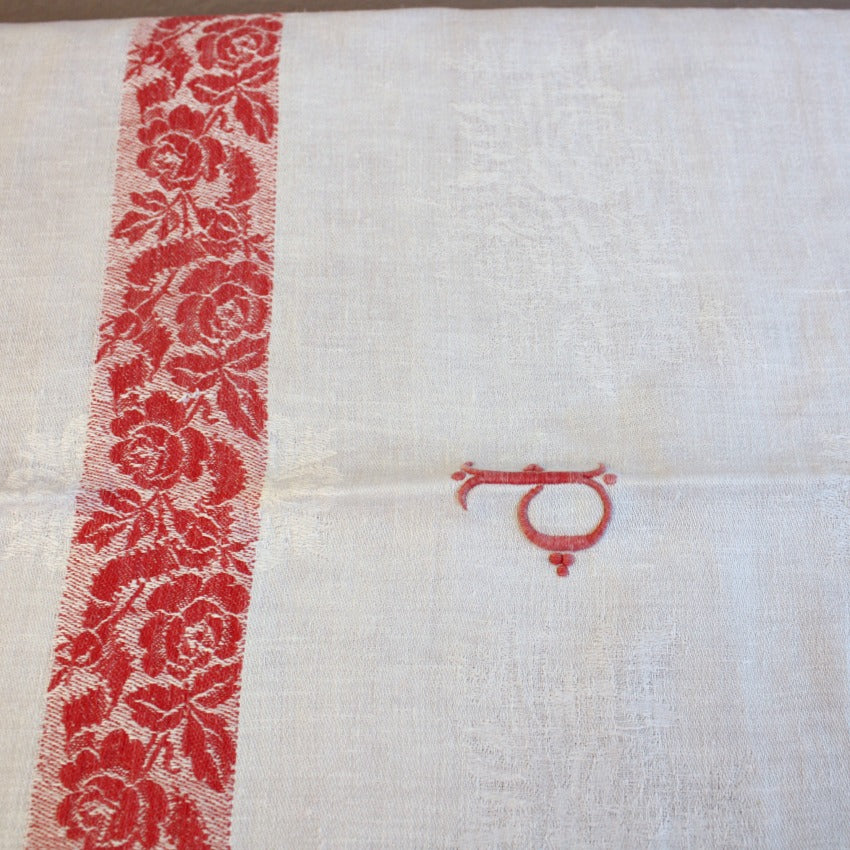 Antique French Red & White Rose Damask Monogrammed Tablecloth